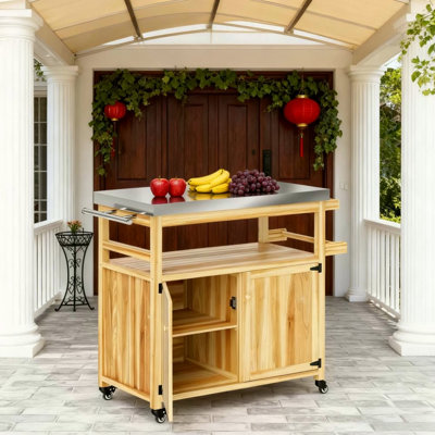 Solid Wood Outdoor Kitchen Island,Outdoor Grill Cart,With Stainless Steel Top,Wheels, Storage Cabinets