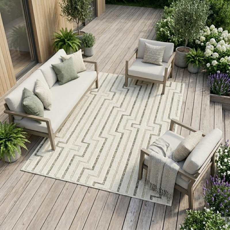 Tapis d'intérieur / extérieur 8 pi x 10 pi à motif géométrique délavé beige et crème