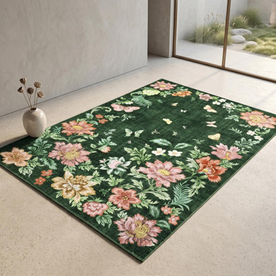 Tapis décoratif lavable à la machine 5 pi x 7 pi pour la chambre à coucher - Tapis à imprimé floral papillon, velours moelleux, envers TPR antidérapant, vert foncé