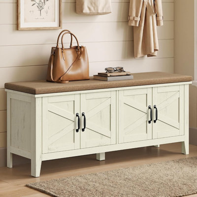 Farmhouse Shoe Storage Bench with Cushion and Doors, Entryway Organizer with Rustic Design, White and Walnut Brown