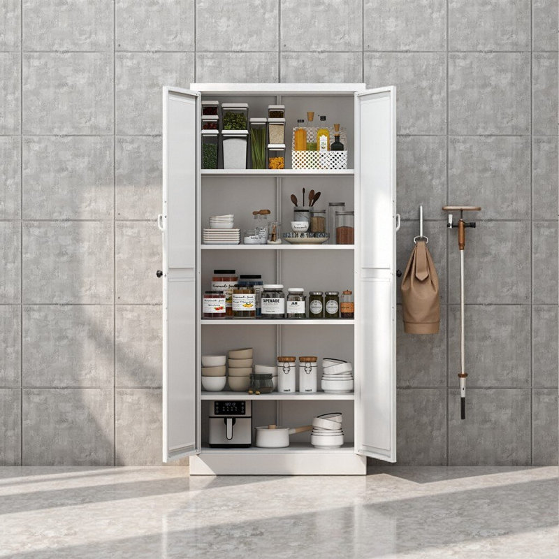 WHITE Farmhouse Metal Pantry Cabinet - Tool-Free 1-Click Assembly, 4 Adjustable Shelves (110lb/Shelf), Slim Freestanding Storage for Kitchen, Pantry, Living Room (61" H x 27.6" W)