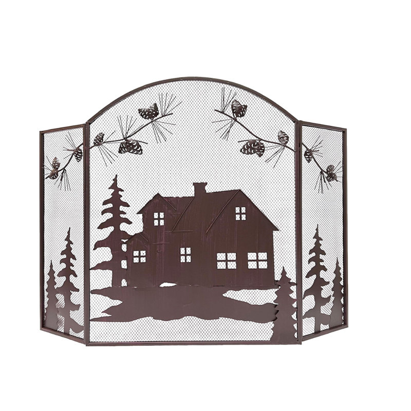 Metal Rustic Fireplace Screen 3-Panel Cabin Lodge Pine Cone Design
