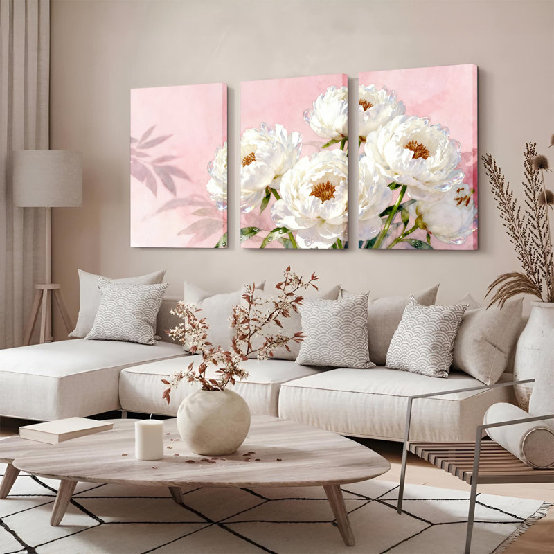 Pivoine blanche, reproduction d'art sur toile tendue sur toile, ensemble de 3, H 18 po x l 36 po