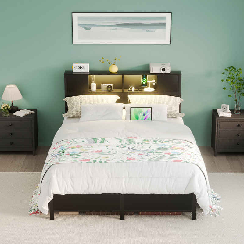 Metal Bed Frame With Headboard,2 Cabinets With Doors, LED Lights And USB Ports, Large Storage Space, Black, Full