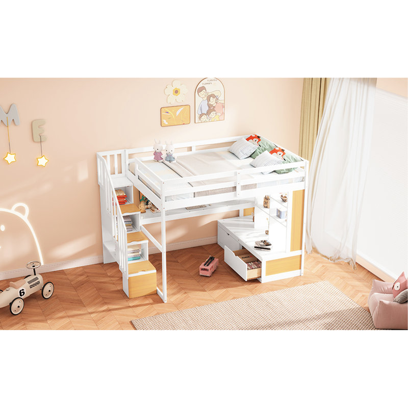 Lit mezzanine double avec bureau, tablettes, tiroirs