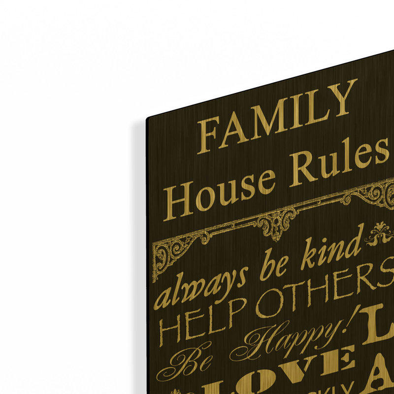 «Family Rules A» par Jean Plout, art mural en métal doré, 12 po x 36 po