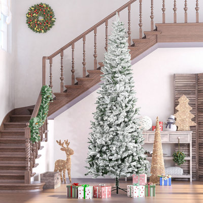 Unlit Snow-Flocked Slim Pine Artificial Christmas Tree With Realistic Branches And 1084 Tips