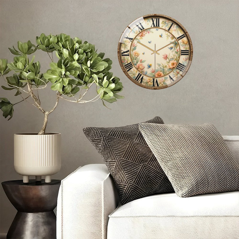 Horloge murale ornée de motifs floraux et de petits oiseaux - horloge murale moderne en verre 12 po