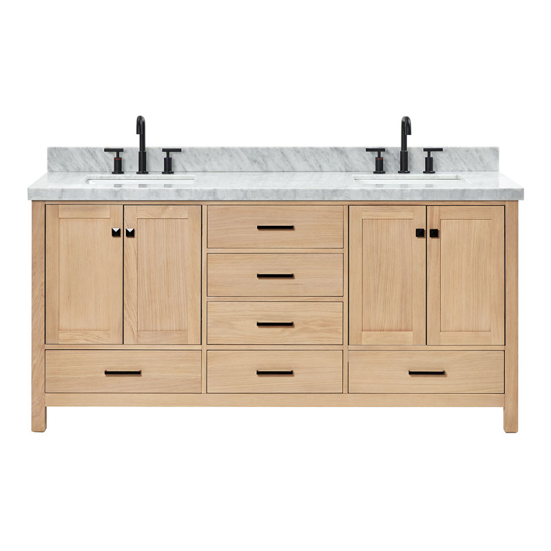 Cambridge Double Bathroom Vanity with Carrara Marble Top, Oak, Rectangle, 72" W
