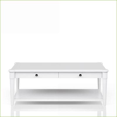 Table basse de salon blanche transitionnelle avec 2 tiroirs Roulettes, rangement peu encombrant