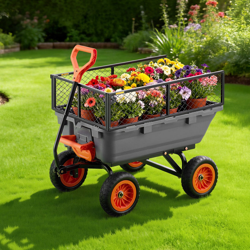 Chariot de jardinage, chariot de déversement en poly 800 lb, chariot de jardinage avec clôture de rangement, mécanisme de vidange rapide à 90 °, roues pivotantes à 180 °, poignée rotative à 90 °, chariot de jardin pour plantes, terre, cultures
