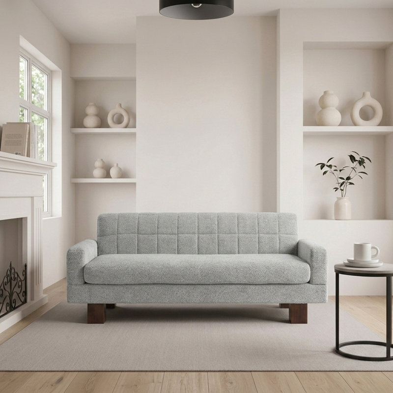 Causeuse moderne à 2 places avec dossier capitonné en biscuit, accoudoirs carrés et siège à coussin simple, Bleu-gris clair