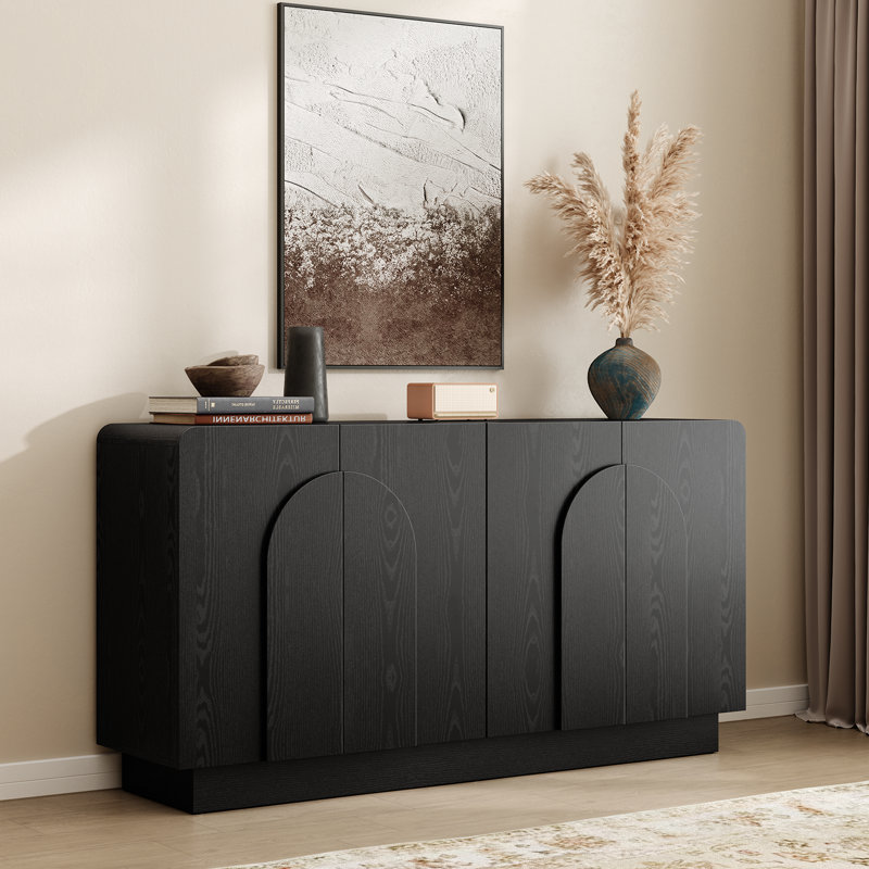 Buffet incurvé de 60 po avec tablette réglable et 4 portes, armoire de rangement avec poignées de porte en forme d'éventail pour la salle à manger, la cuisine, le salon