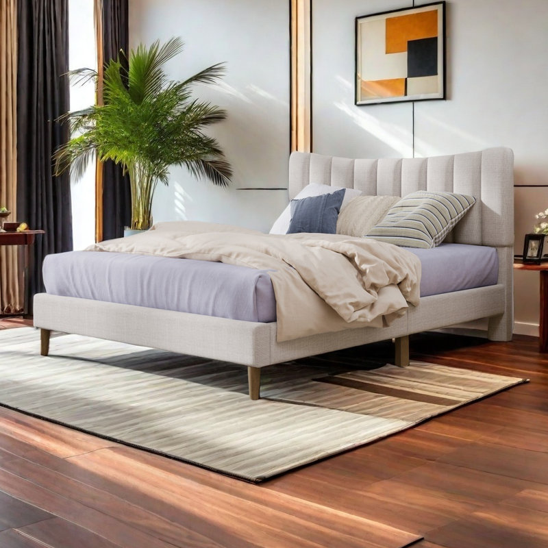 Upholstered Platform Bed Frame With Vertical Channel Tufted Headboard, No Box Spring Needed, Full, Cream