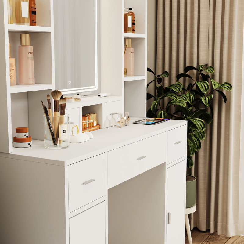 Coiffeuse de chambre à coucher avec miroir à DEL blanc et sophistication: 5 tiroirs, 2 armoires réglables, meuble-lavabo à prise de courant à la mode - armoires