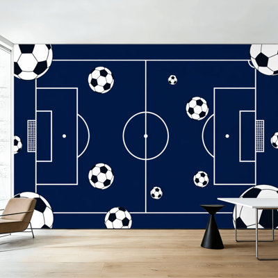 Peel and Stick Wallpaper Kids Room Wall Mural Soccer Floating Footballs Blue Field Wall Art Self Adhesive and Removable
