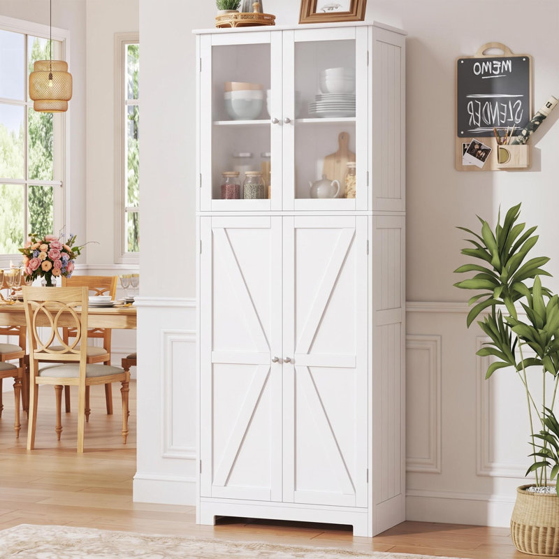 Garde-manger moderne Ashlon de 170 cm de haut avec porte vitrée, meuble de rangement mince de 60 cm de large, idéal pour les petites cuisines, salles à manger et salons.