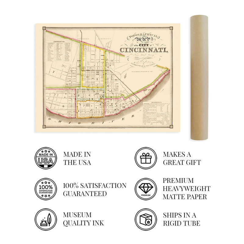 1841, carte de Cincinnati, Ohio sur papier, H 24 po x l 36 po x P 0,01 po