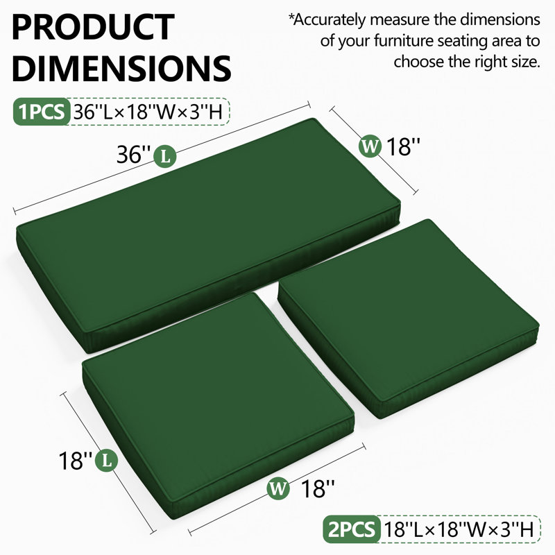 3-Piece Outdoor Seat Cushion Set, Hunter  Green