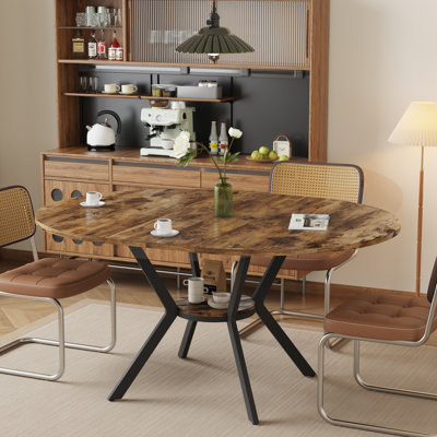 42.5-58.2 Inch Sunset-Colored Wood Extendable Round Dining Table With Storage Shelf For 4-6  People