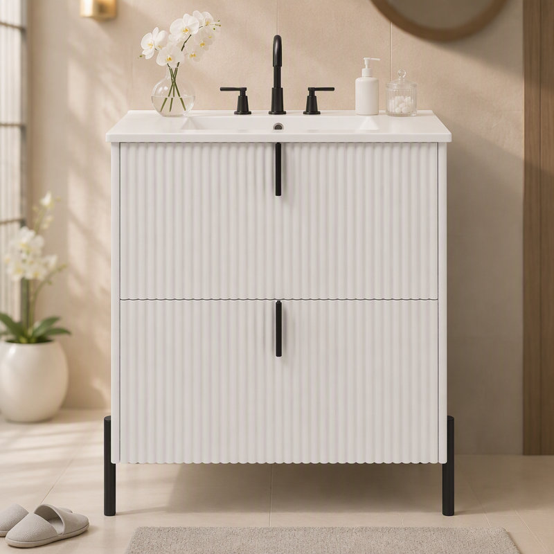 Meuble-lavabo autoportant de 30 po avec lavabo en céramique, avec poignées verticales et tiroirs pleine extension, meuble-lavabo autoportant avec glissières de tiroir à fermeture en douceur