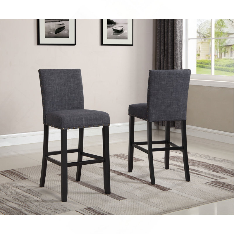 Tabourets de bar en tissu avec garniture cloutée, ensemble de 2, Gris