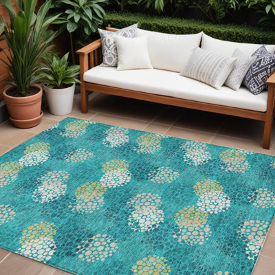 Tapis intérieur / extérieur lavable à pois gris émeraude 8 pi x 10 pi
