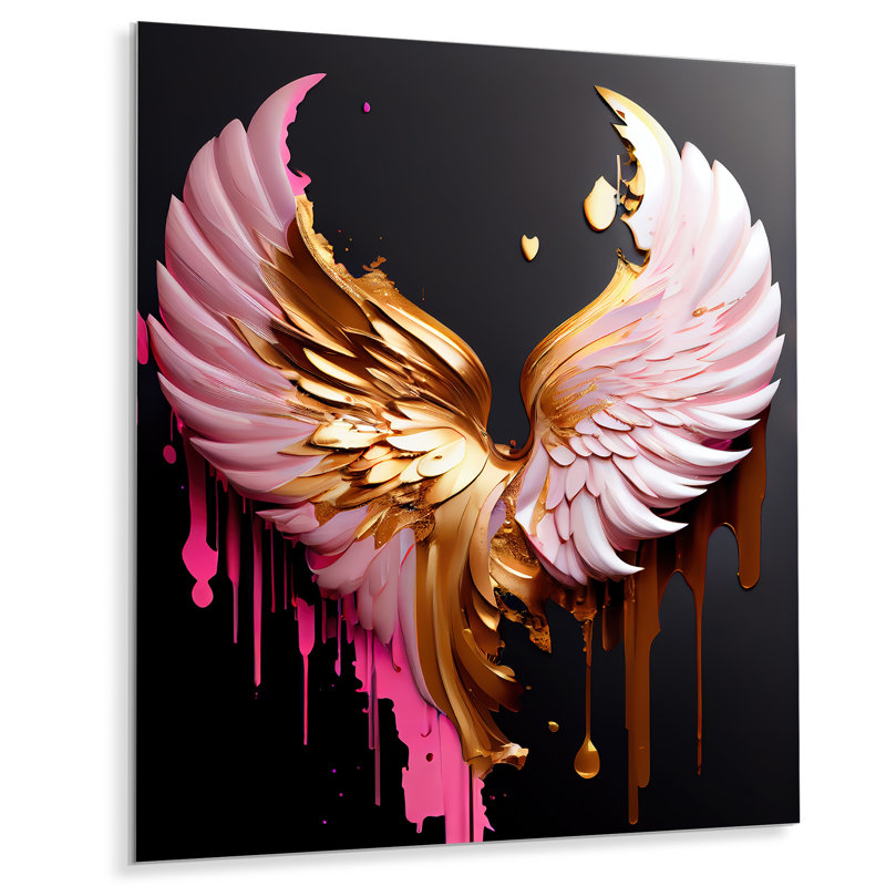 Ailes d'ange roses, dorées et noires I - Décoration murale contemporaine en métal glam, H 44 po x l 34 po