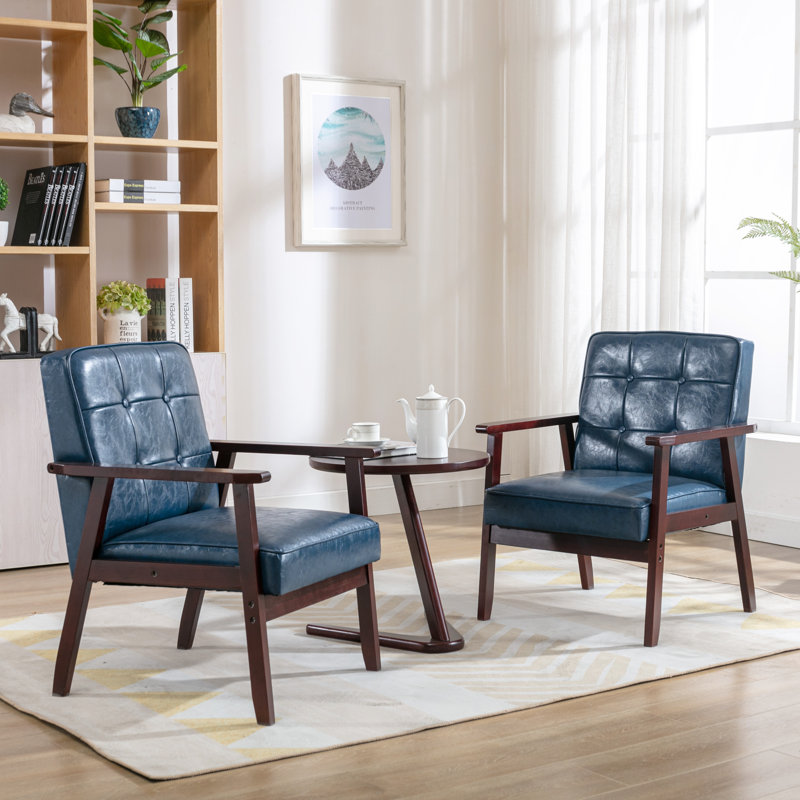 Judeth Tufted Modern Upholstered Armchair With Solid Wood Frame (Set of 2), Blue Faux Leather, 2