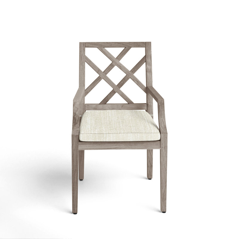 Haley Patio Dining Armchair with Cushions, No Welt, Rollo Cream InsideOut® Linen, Oyster Teak