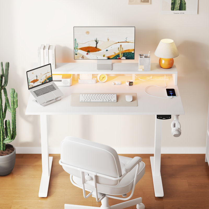 Electric Height Adjustable Standing Desk With Power Outlet And Led Light , Home Office Desk with Large Monitor Shelf