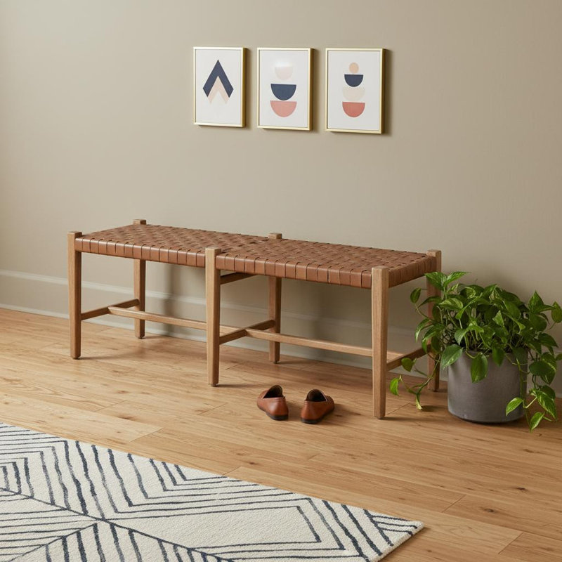 Banc rembourré en cuir véritable brun et bois massif de 52 pouces Gracie Mills