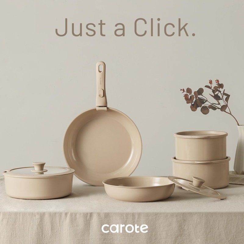 CAROTE 15-Piece Ceramic Cookware Set with Detachable Handle, Taupe