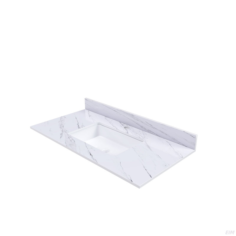 Comptoir de meuble-lavabo en marbre de 43 pouces, comptoir de meuble-lavabo blanc avec 1 trou pré-percé, comptoir de salle de bain avec lavabo central rectangulaire encastré et dosseret de 4 po de hauteur, Bianco Carrara Venato