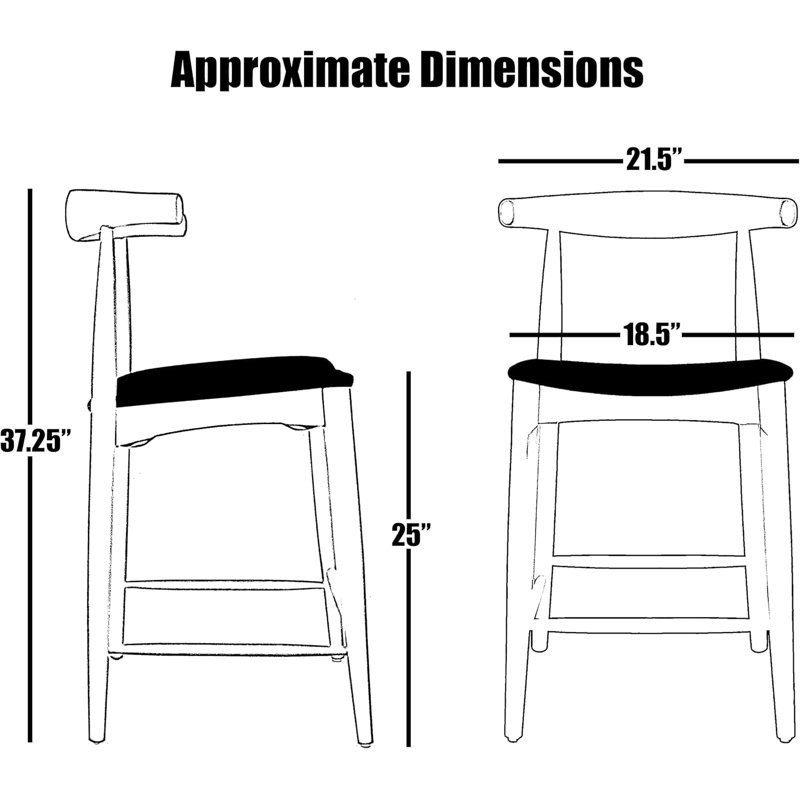 Borisav Counter Height Stool – Farmhouse Open Back with Padded Cushion, Wood Kitchen Chair, Black, Single