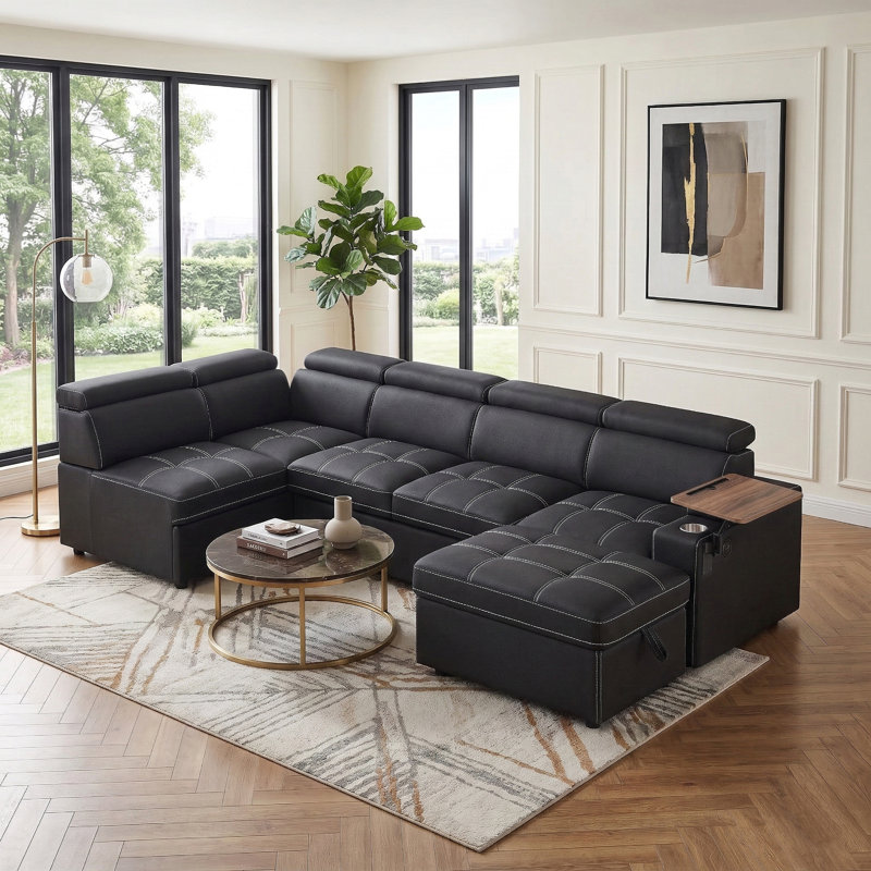 Canapé-lit modulaire en cuir de 113 po avec lit escamotable, repose-pieds de rangement et table d'appoint rotative de 113 po