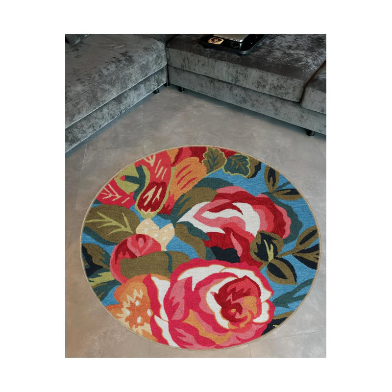 Multicoloured Floral Rose Patterned Round Woven Base Modern Decorative Carpet, Round 2'8"