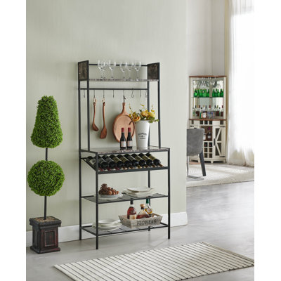 Support pour four à vin Bodison, support de four à micro-ondes avec tablettes de rangement au sol, organisateurs de cuisine avec porte-bouteilles et porte-verres, armoire de bar