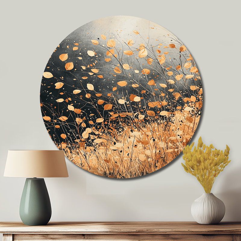 Windy Prairie Leaves I - décoration murale en métal orange traditionnel, art mural rond imprimé prairie, H 16 po x l 16 po