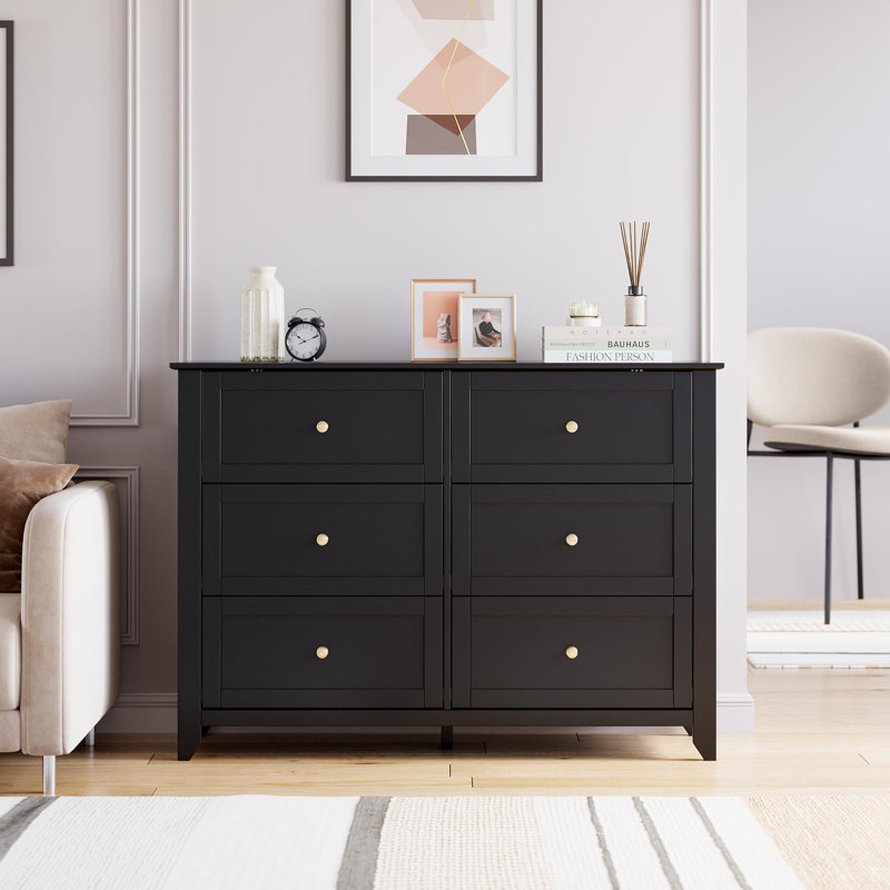 Modern 6 Drawer Dresser for Bedroom, 48" TV Stand Wood Storage Cabinet Chest Organizer, Black