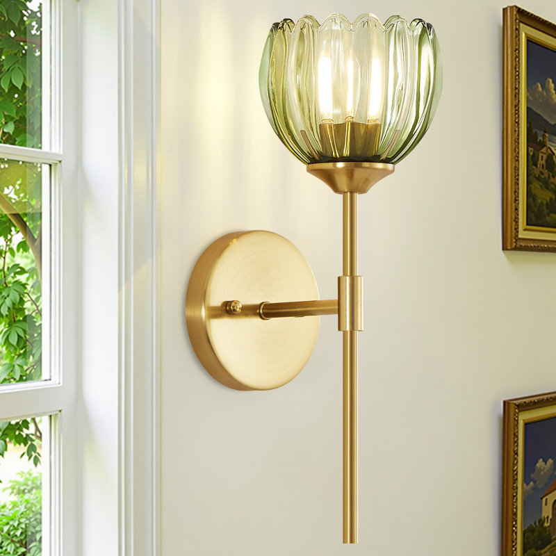 Acree Iron Armed Wall Sconce With Tulip Glass Lampshade , Green