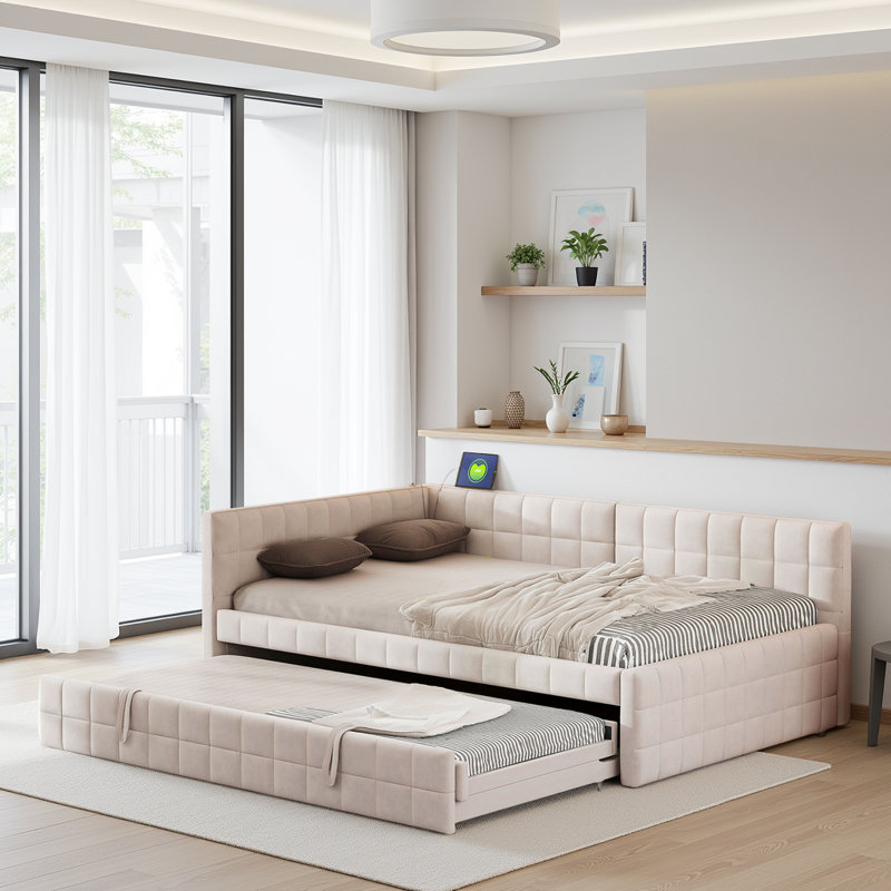 Lit de jour contemporain en L rembourré avec couchette et chargement USB, Beige