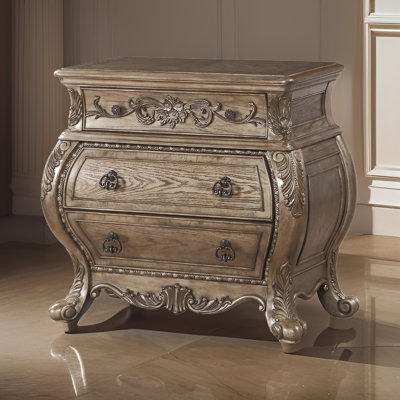 Nightstand, 3 Drawers with Antique Handles, Scrolled Legs, 