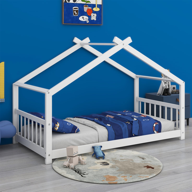Solid Wood Low House Bed, White, Twin