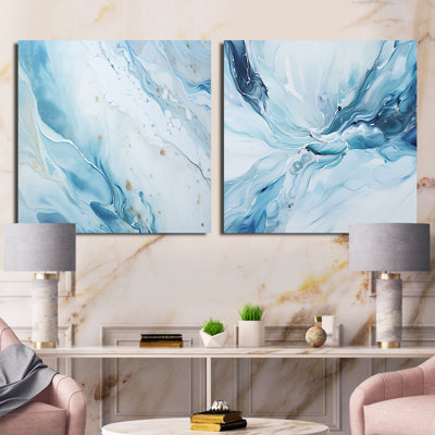 White And Blue Glacier Charm Liquid Art - Abstract Shapes Square Collage Set Of 2