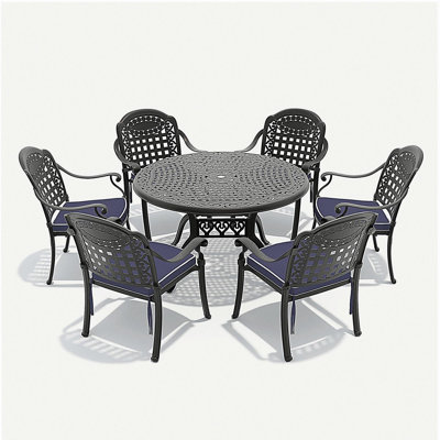 Ensemble de 7 pièces de mobilier de patio en aluminium coulé avec coussins bleus