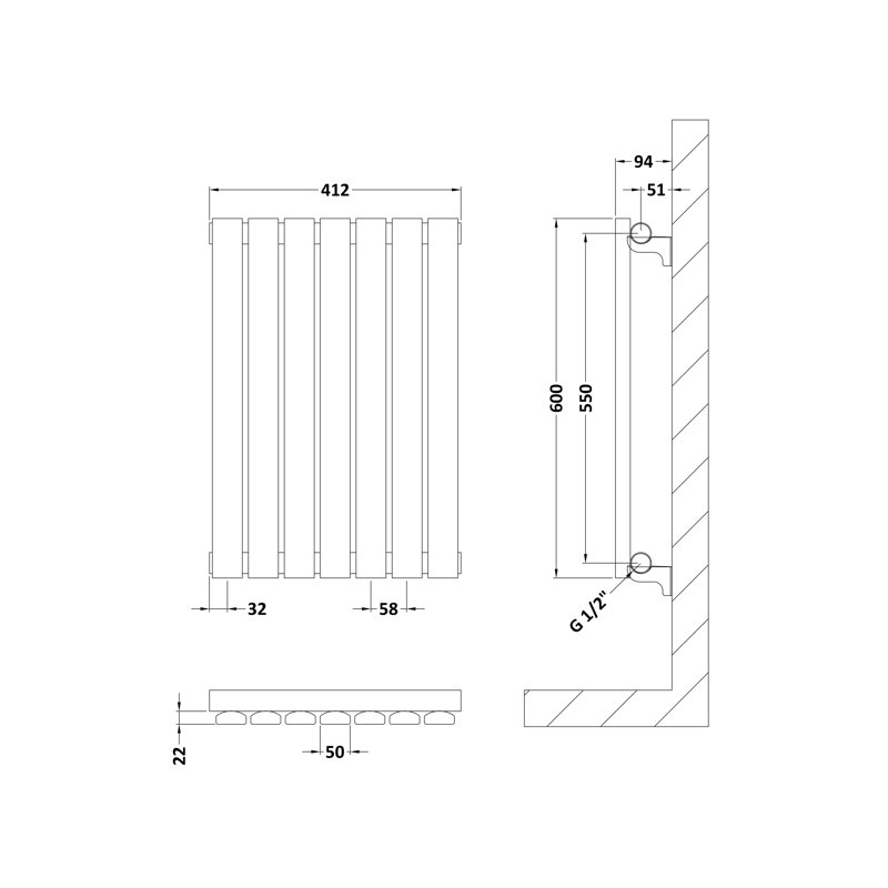 Sloane Vertical Designer Radiator, 60cm H x 41.2cm W x 5.3cm D, Grey