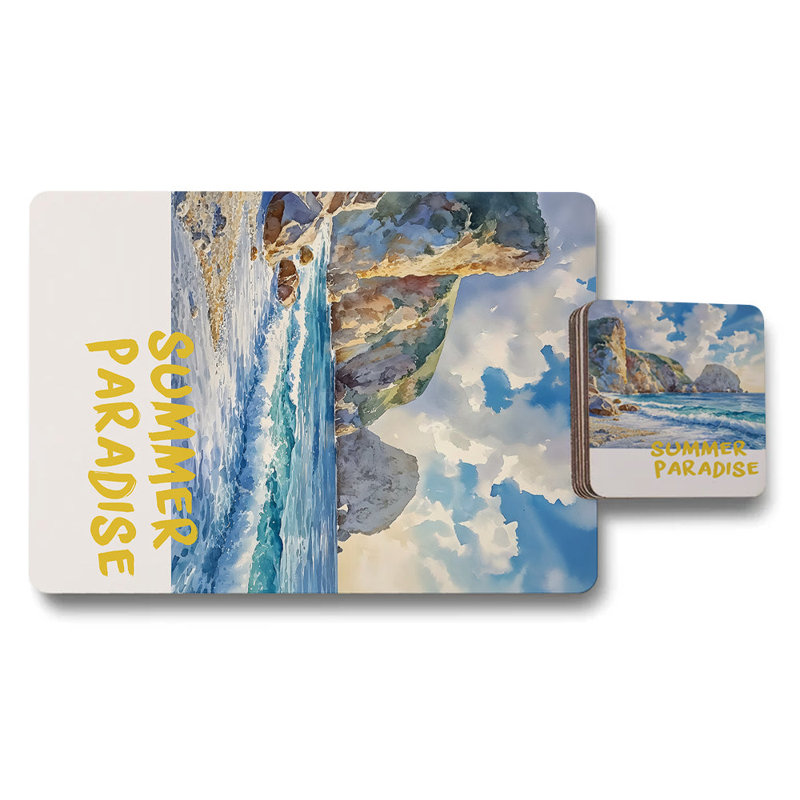 Summer Paradise Placemat And Coaster Set From Art Print Collection Wood Backed Luxury Edition