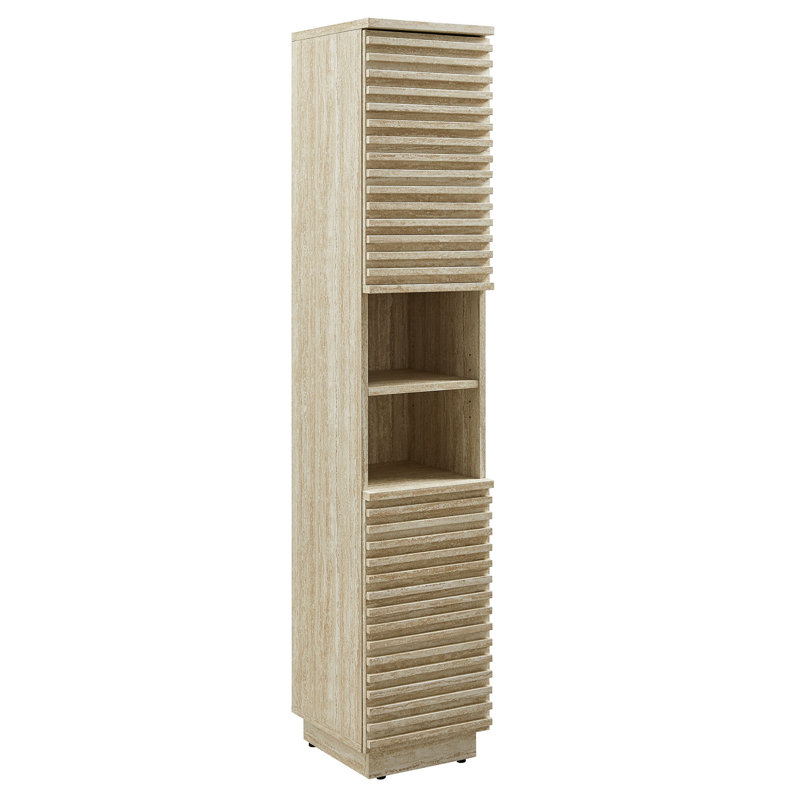 Tall Narrow Faux Travertine Linen Storage Cabinet with Adjustable Shelves