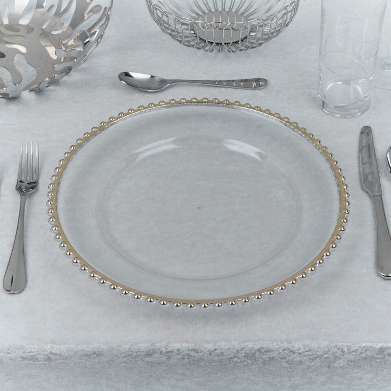 12 x 32cm Clear Charger Plates Set with Metallic Beaded Coloured Rim Party Table, Gold